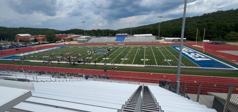 View of track, field, and stands